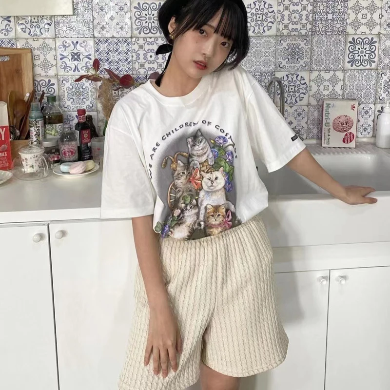 Летняя корейская модная рубашка Kawaii милый кот Ins винтажный Ретро стиль хипстер