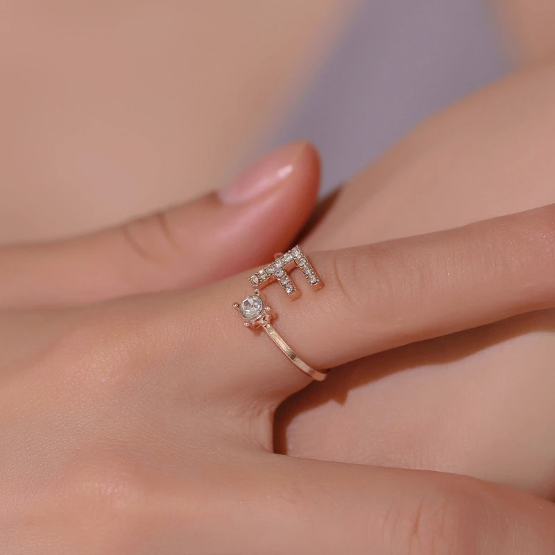 

26 Letters Adjustable Rhinestone Ring Couple Stackable Ring for Women Crystal Silver Color Charm Band Wedding Jewelry Gifts
