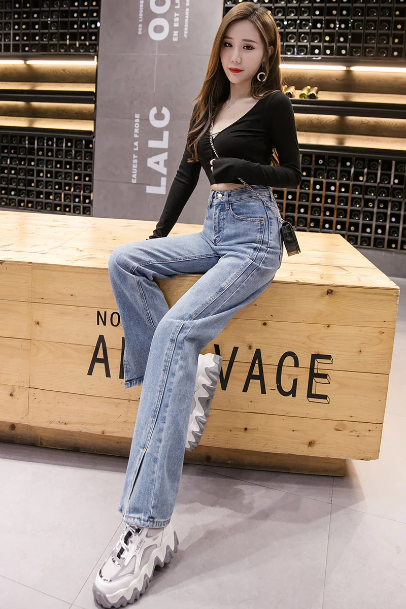 

Houthion New High Waist Women's Denim Jeans Solid Color Wide Leg Split Fork Pocket Fashion Summer Korean Casual Thin Pants