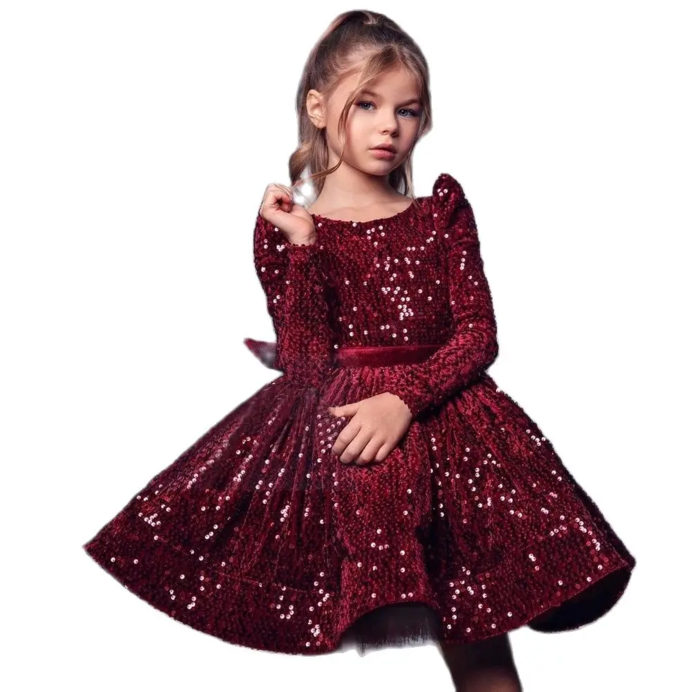 

Sequin Burgundy Baby Girl Dress Velvet Full Sleeves Flower Girl Dress Knee Length Dresses For Girls Bow Puffy First Communion