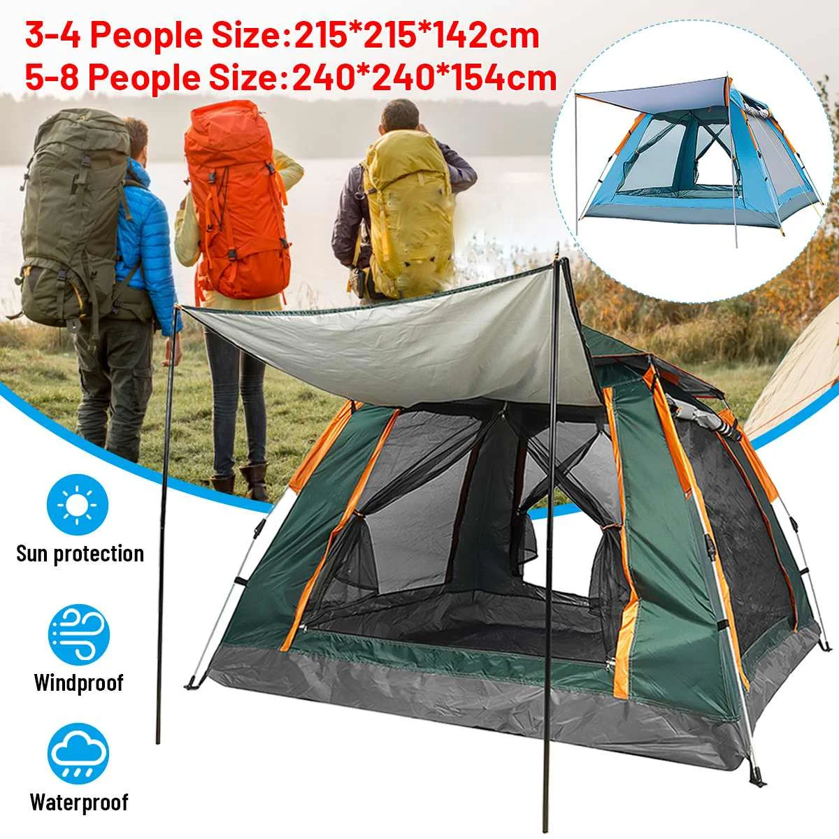 

3-4 People Outdoor Fully Automatic Quick Opening Beach Camping Rainproof Tent Multi-person Camping Four-sided Tent For Camping
