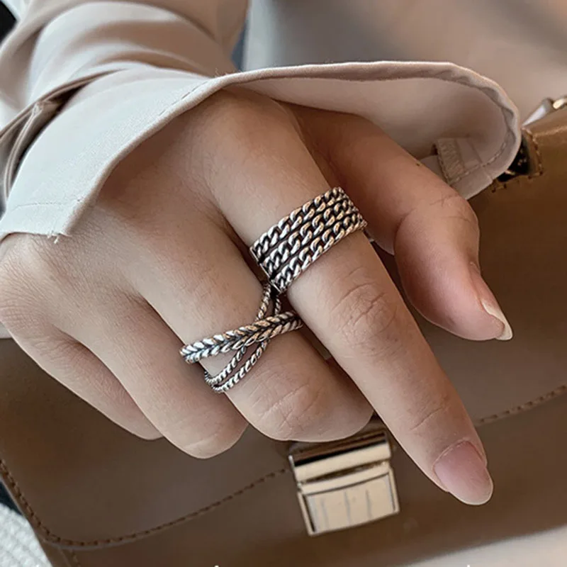 

MEYRROYU 925 Sterling Silver European and American Retro Fashion Creative Chain Multi-Layer Open Ring Ladies Jewelry Wholesale