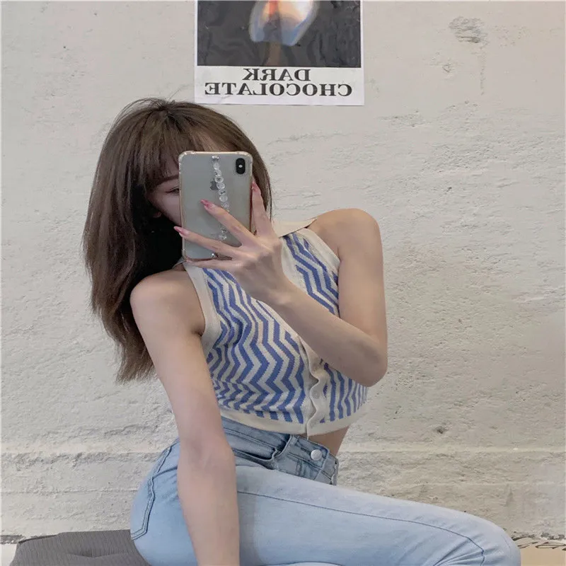 

Spring Women's S hort Vest Retro V-Neck Knitted Sling All-match Halter