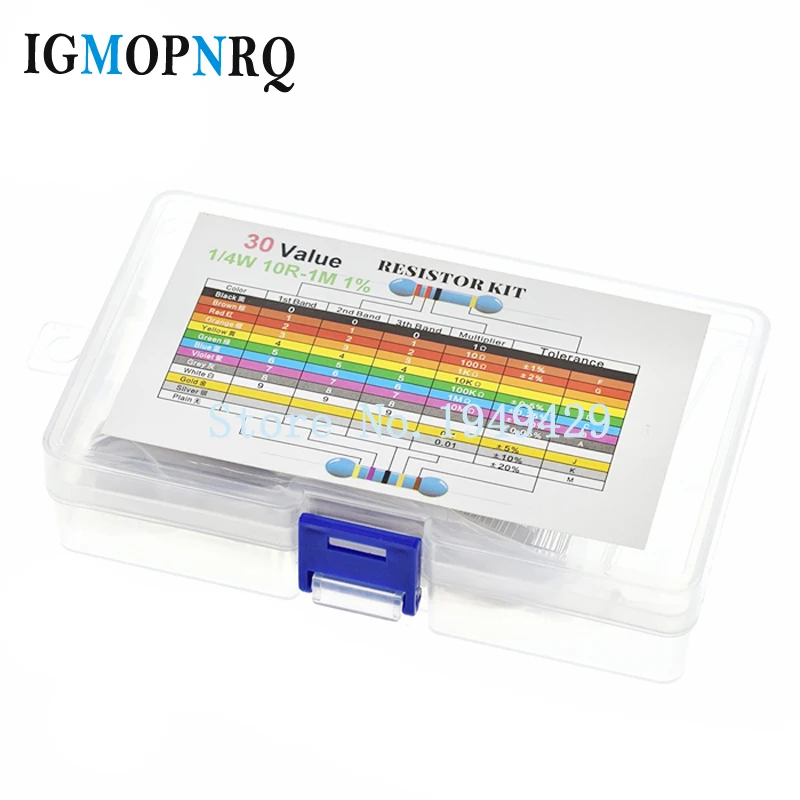 

600PCS 30Values* 20PCS 1% 1/4 W resistor pack set diy Metal Film Resistor kit use colored ring resistance (10 ohms~1 M ohm)