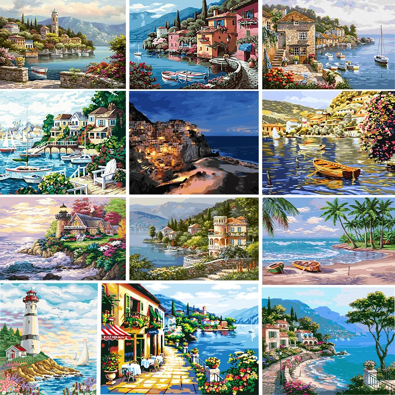 

Paintmake Landscape DIY Painting By Numbers Sea House Oil Hand Painted On Canvas Drawing Kits Unique For Home Decor Art Picture
