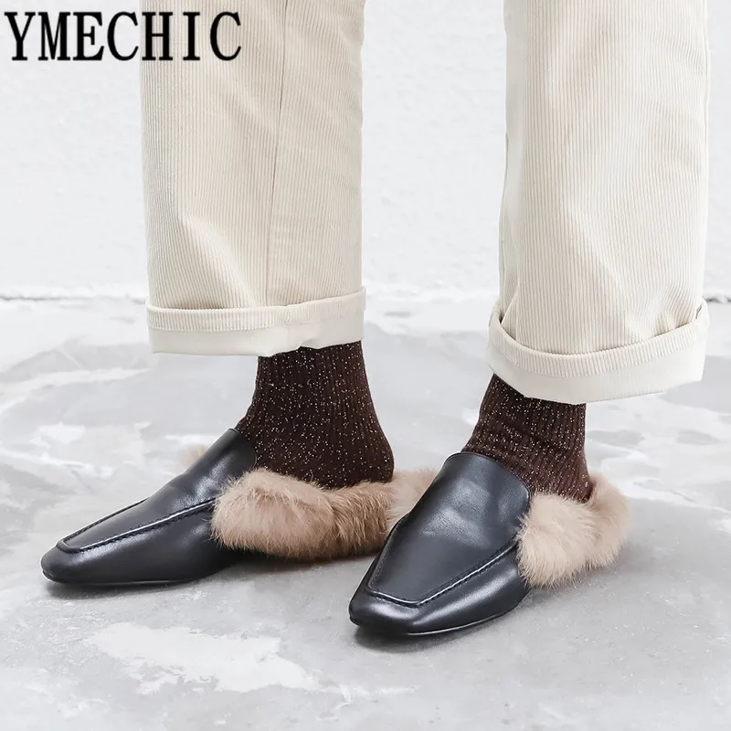 Женские туфли лодочки YMECHIC осенние из натуральной кожи с мехом на низком