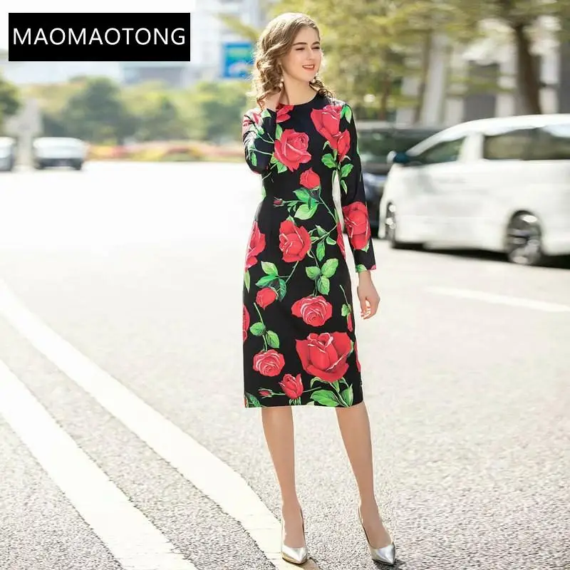 

Women's Clothing Women's Clothing Fashion Designer Dress Spring Autumn Women's Dress Long Sleeve Rose Floral-Print Slim Dresses
