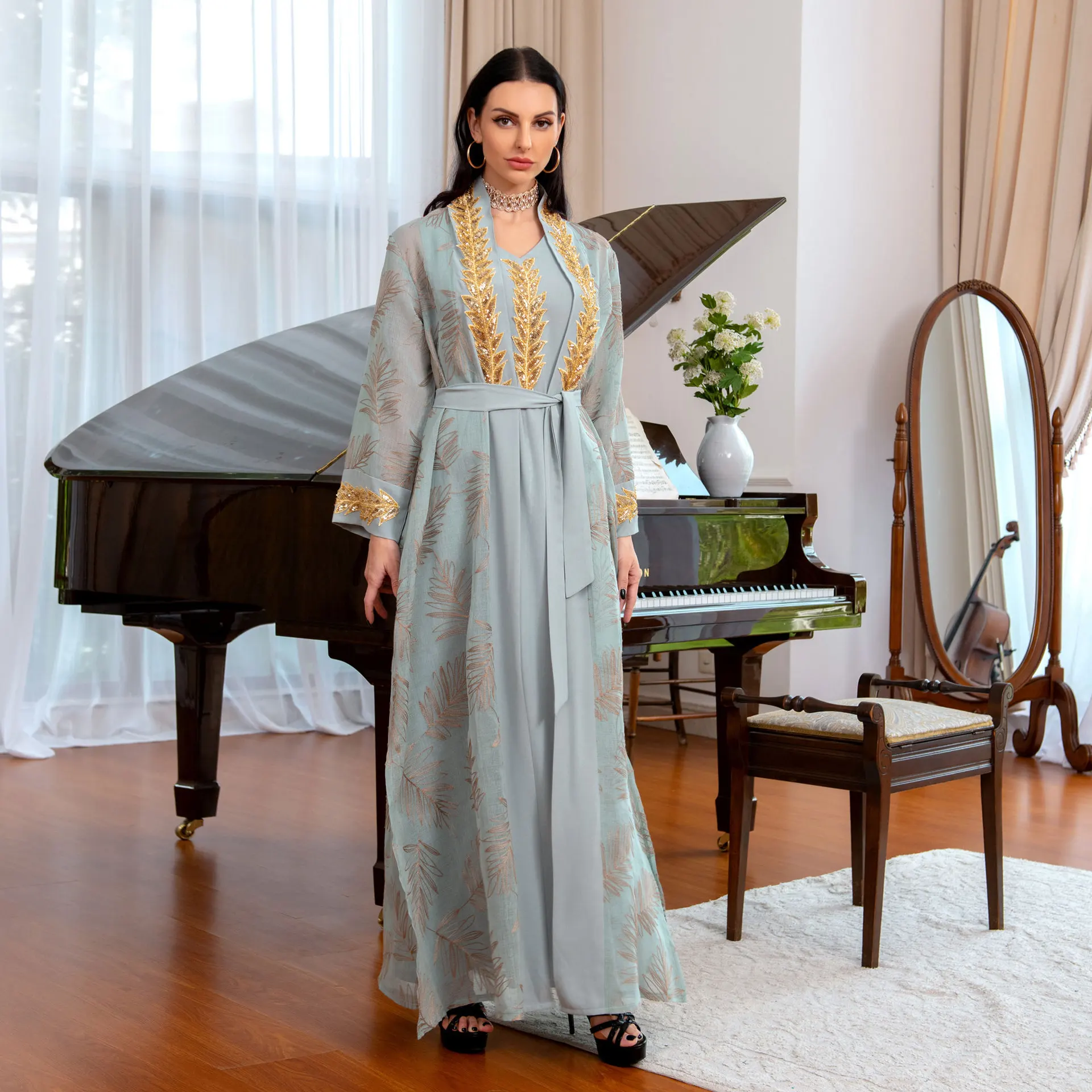 Abaya For Women Middle East Muslim Longue Robe Dubai Arabic Evening Gown Vestidos Islam Femme Belted Appliques Dress Ensembles