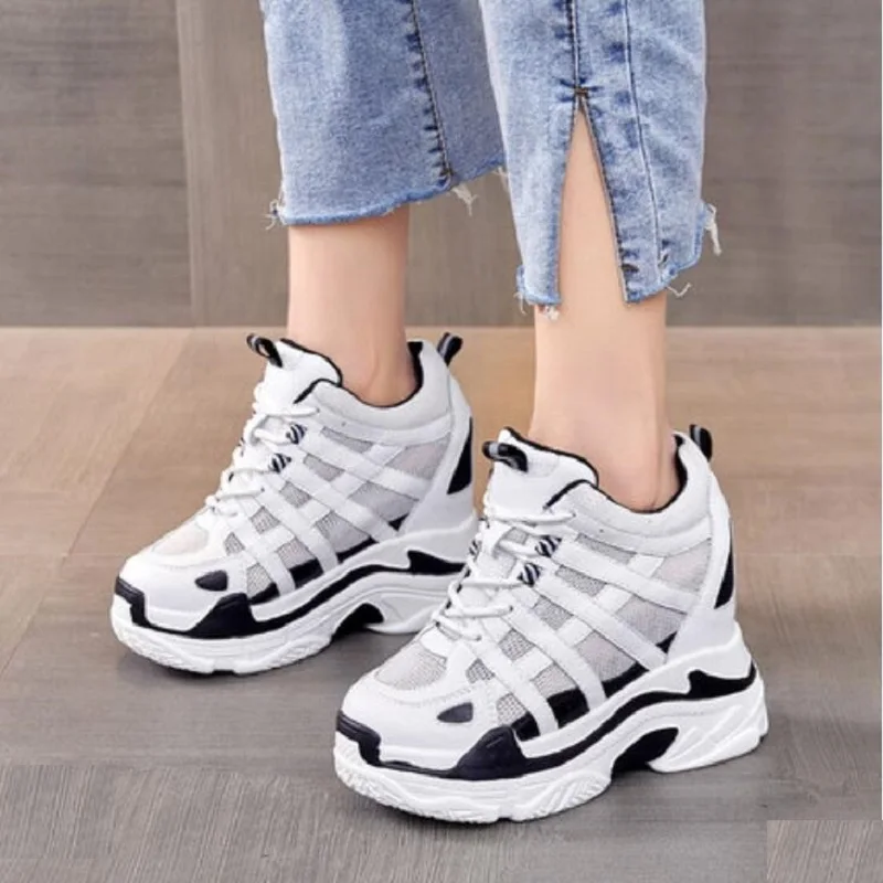 

Spring Autumn New Outdoor Height Increasing Wedges Heels Platform Breathable Mesh Genuine Leather Women Casual Sneakers Shoes