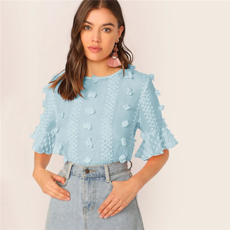 SHEIN элегантный розовый топ с 3D аппликацией и манжетами, блузка для женщин, короткий рукав, круглый вырез, Замочная скважина на спине, летние топы и блузки в стиле бохо