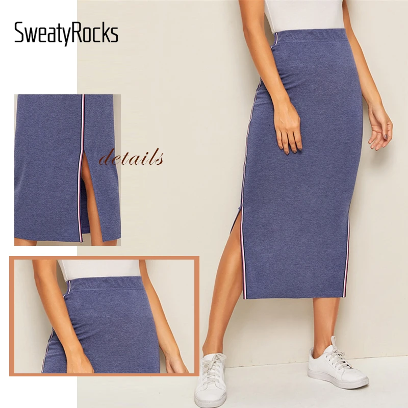 SweatyRocks, синяя полосатая трикотажная юбка с лентами и разрезом, спортивная одежда, обтягивающие длинные юбки, женские юбки-карандаш с высокой талией