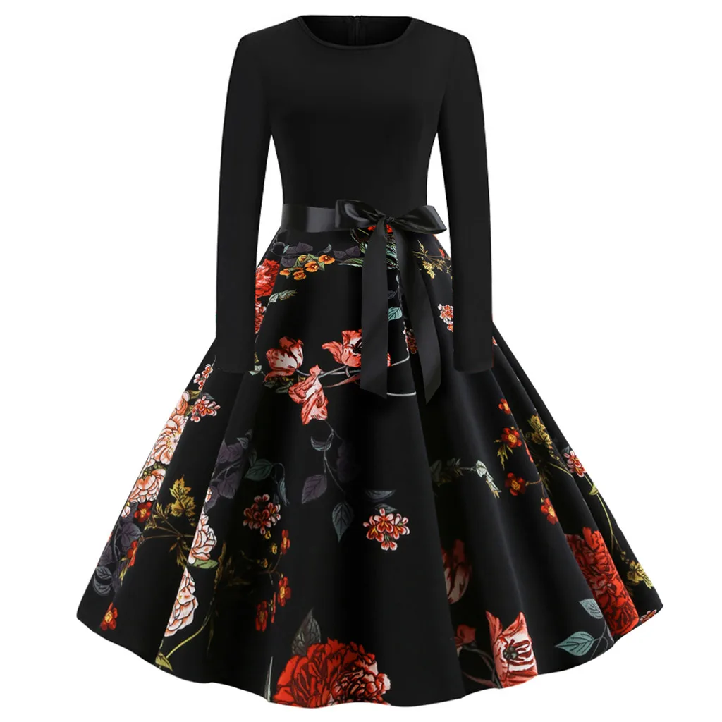 

woman dress Women Vintage Print Long Sleeve Casual Evening Party Prom Swing Dress summer dress dresses for women casual
