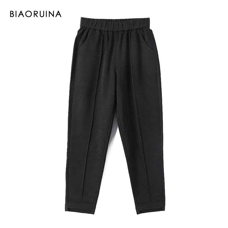 BIAORUINA Women's Elastic High Waist Loose Harem Pant Female Casual All-match Solid Ankle-Length Trouser Thick and Warm |
