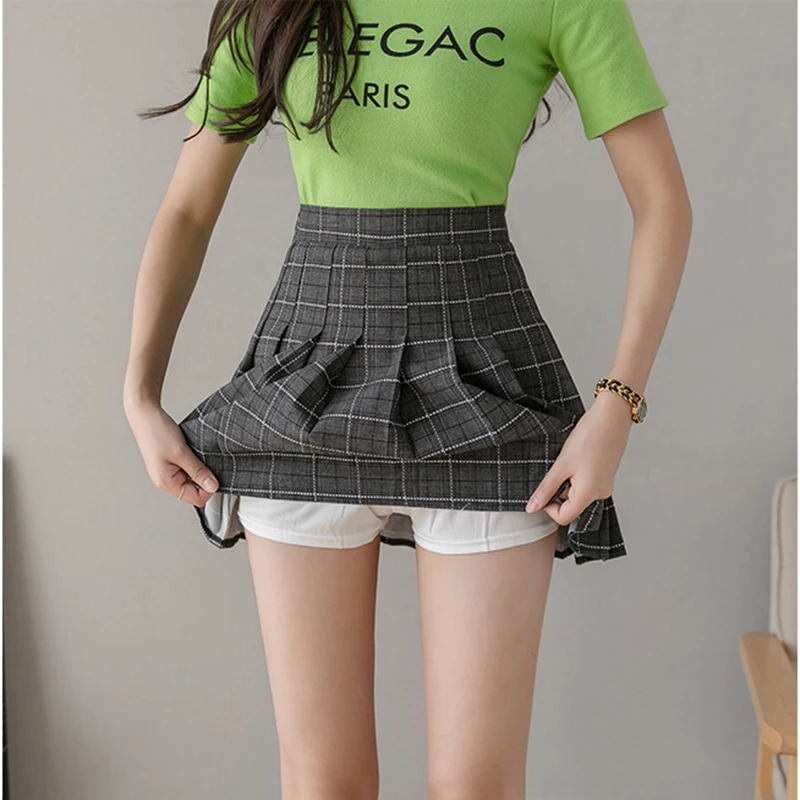 

Summer winter Woman Mini High waist skirt pleated striped plaid Skirts Lining Shorts sexy OL bar student Dance street skirt Golf