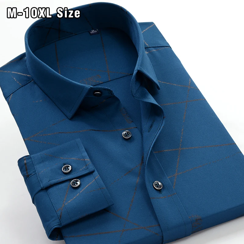 

8XL 9XL 10XL Men Long Sleeve Shirts Spring Large Size Business Casual Shirt Dress Fashion Print Loose Elasticity Brand Clothing