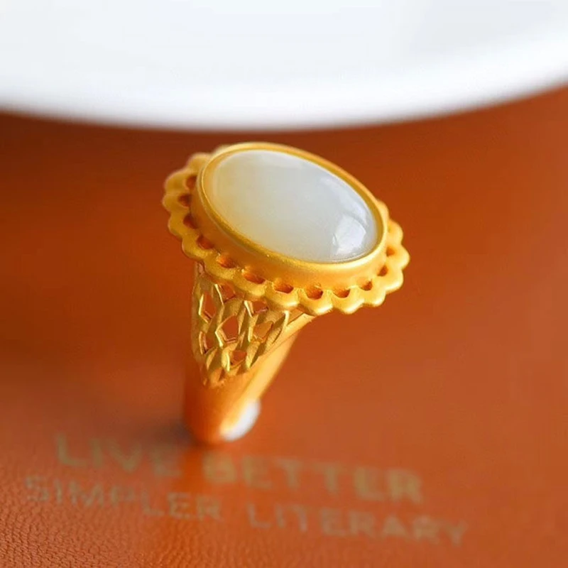 

Ancient gold craftsmanship inlaid natural Hetian jade egg noodles adjustable ring hollow retro palace style ladies jewelry