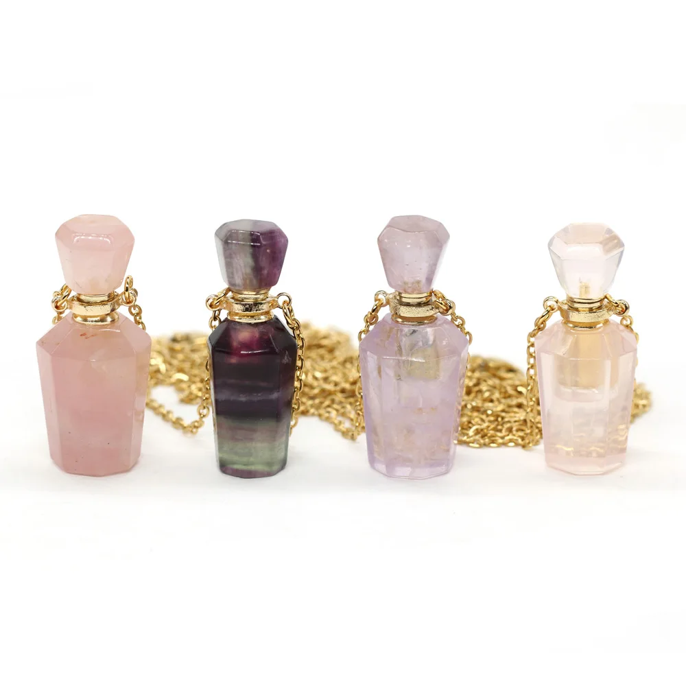 

Natural Amethysts Quartz Fluorite Stone Perfume Bottle Pendant Necklace Plating Gold Crystal Essential Oil Diffuser Vial Jewelry