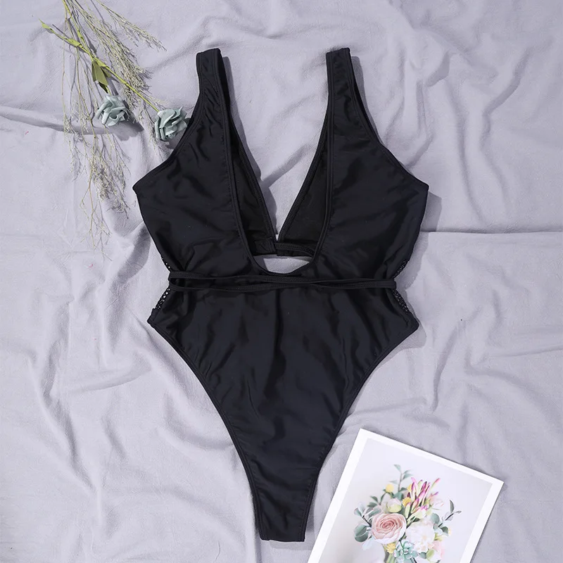 

European and American style swimsuit black mesh hollow lace one-piece swimsuit sleeveless sexy elastic tight-fitting swimsuit