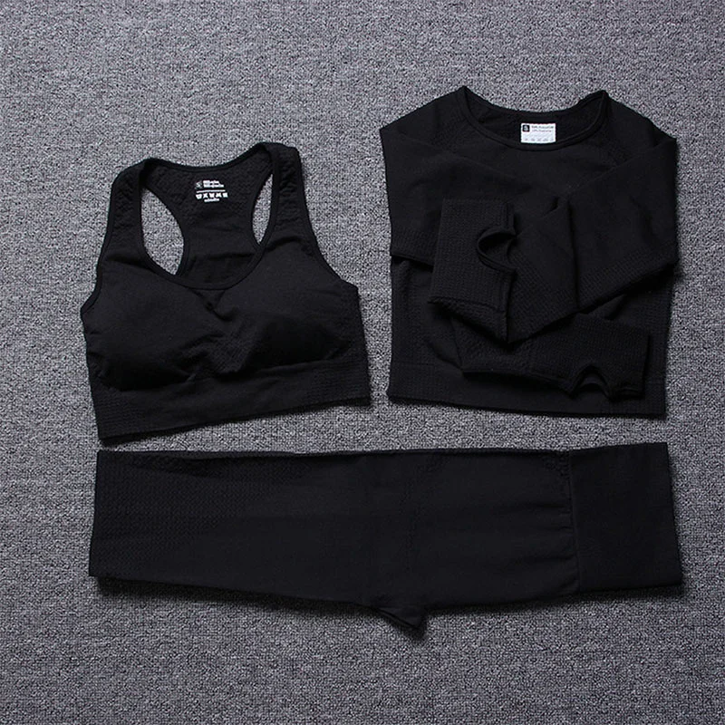 

3PCS Seamless Women Yoga Set Workout Sportswear Gym Clothing Fitness Long Sleeve Crop Top High Waist Leggings Sports Suits