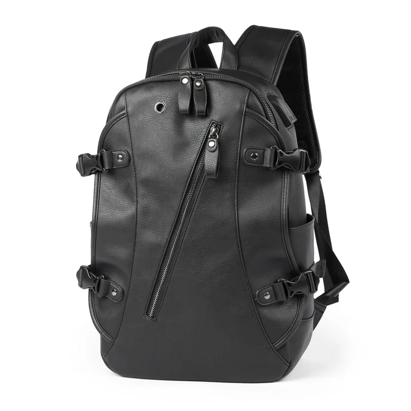 Black Zipper style MOYYI простой лоскутный Большой Вместительный мужской кожаный рюкзак для путешествий, повседневный мужской рюкзак mochila, кожаный рюкзак для путешествий - Цвет: Black Zipper style