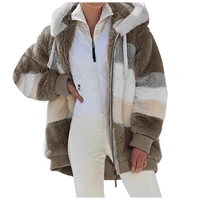 2021 new autumn winter loose plush hooded oversize jacket women faux fur striped hooded zipper warm coat 5xl plus size overcoat