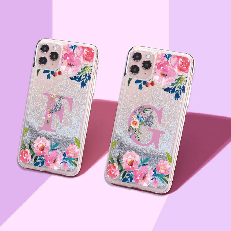 

Custom Initials name A to Z Sparkle Liquid Real Glitter Phone Case Fundas Cover for iPhone 11 X XS XR Max Pro 7 8 7Plus 8Plus 6