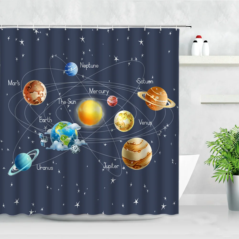 

Cartoon Solar System Shower Curtains Sci-Fi Planet Earth Planet Children Bathroom Decor Screens Polyester Fabric Hanging Curtain