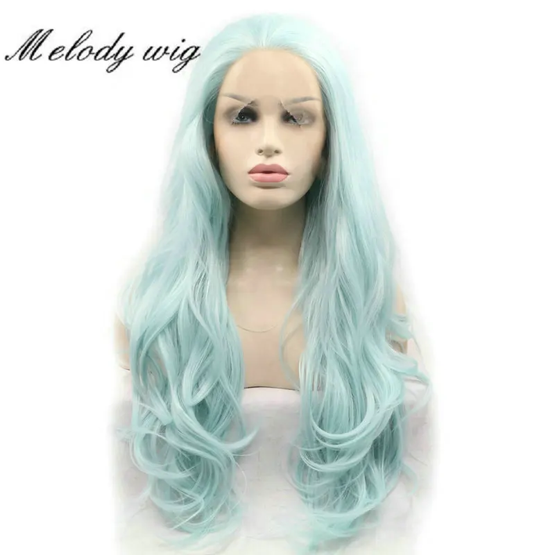 Melody Synthetic Lace Front Wigs Heat Resistant Fiber Long Body Wave Blue Green for Women Natural Looking Daily Wear Cosplay Wig