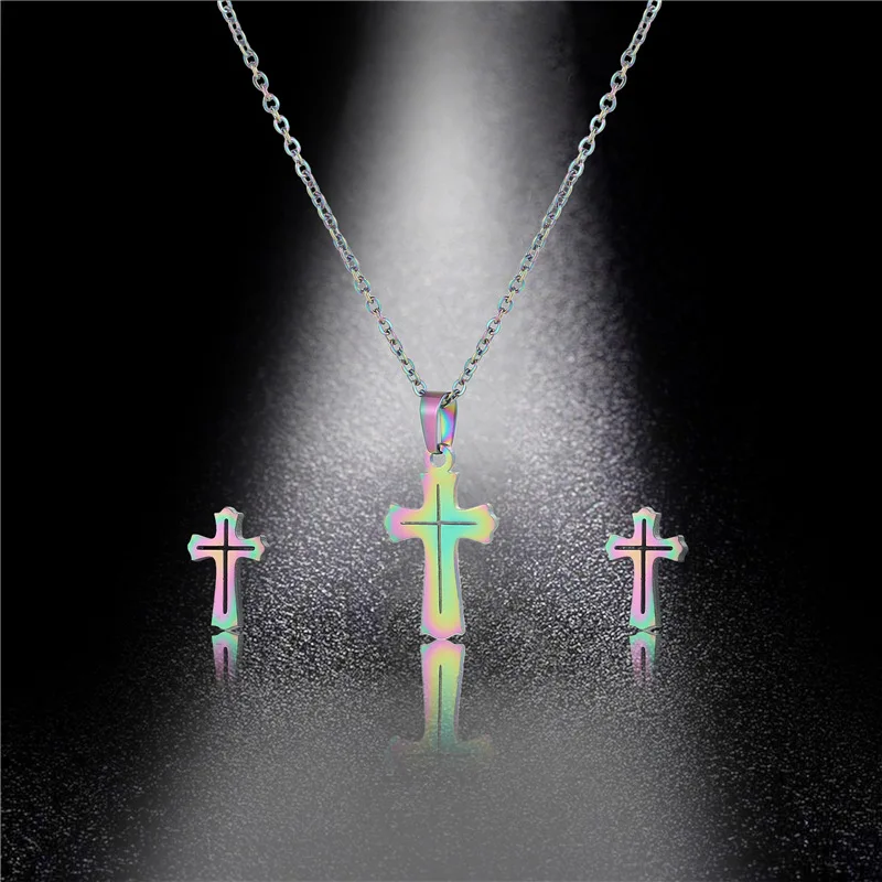 

Stainless Steel JESUS Cross Jewelry Sets Fashion Color Pendant Chain Necklace Stud Earring Female Accessories letter Jewelry