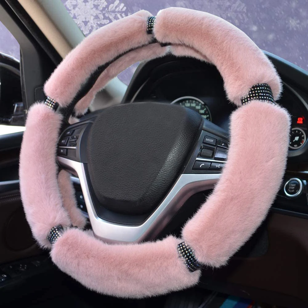 38cm Fluffy Steering Wheel Cover Plush Steering Wheel Covers with Bling Rhinestones Diamond Warm Cover for Winter Women Girl