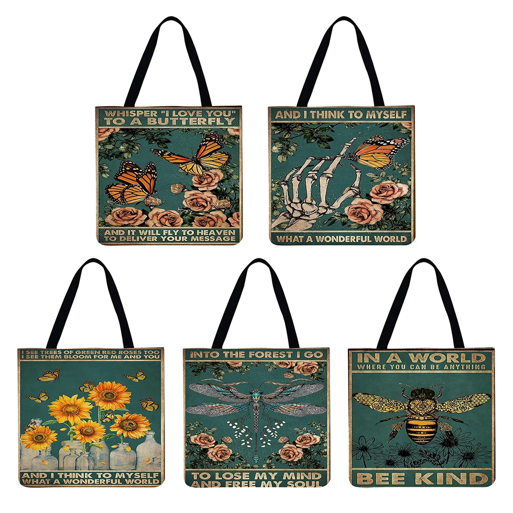 

Reusable Linen Shopping Handbags Casual Ladies Flowers Birds Printed Pattern Tote Square Large Capacity Storage Bag