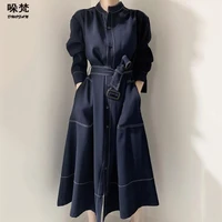 duofan trench coat for women solid sashes stand neck loose a line elegant min calf dress chic windbreaker korean fashion clothes