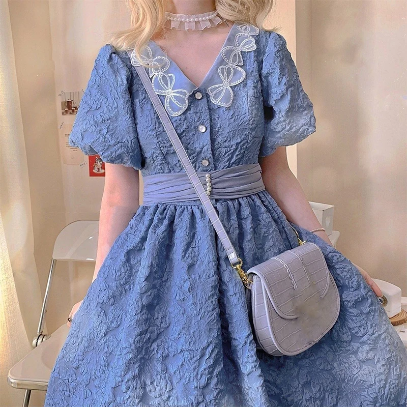 

Elegant Blue Fairy Dress Kawaii Vintage Princess Sweet Lolita revolve Dress Female Casual Puff Sleeve Pretty Dress 2021 Summer