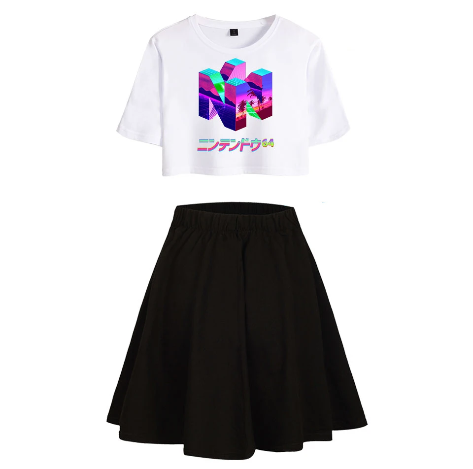 

Vaporwave Print T-shirt Sets Summer Women Tshirt Pleated Skirts Sets Sweet Fashion Skirt Girls Dew Navel Tshirt Short Skirt Suit