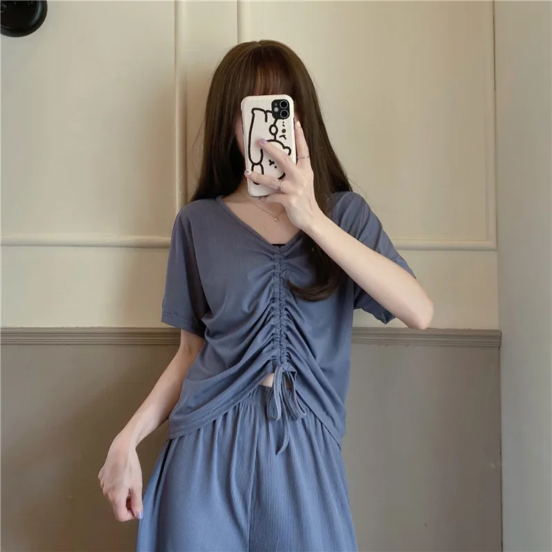 

Pajamas women's spring and summer models 2021 new loose T-shirt tops wide-leg pajamas can be worn outside casual home service su