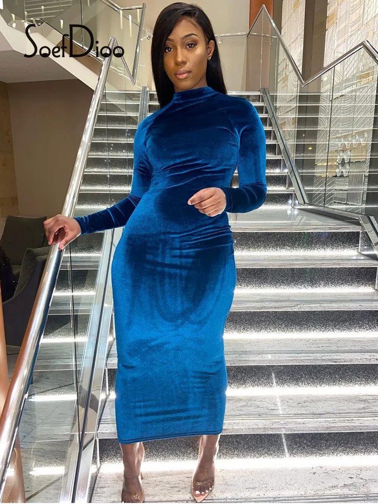 

Однотонное Бархатное облегающее платье Soefdioo на молнии с длинным рукавом, сексуальное вечернее платье макси для женщин, зима 2021, Повседневна...