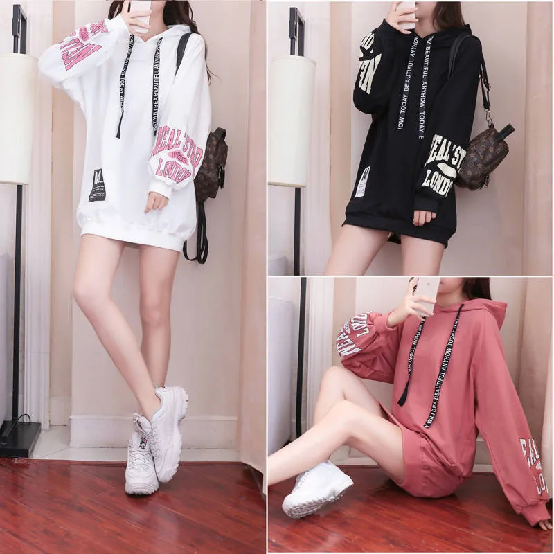 Корейские женские длинные толстовки забавные японские Модные белые розовые в