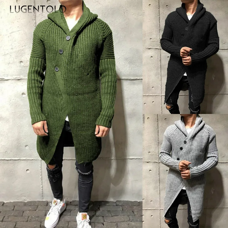 

Lugentolo Knitted Sweater Men Hooded Autumn Winter Long Sleeve Single-breasted Solid Men's Casual Loose Cardigan Sweaters