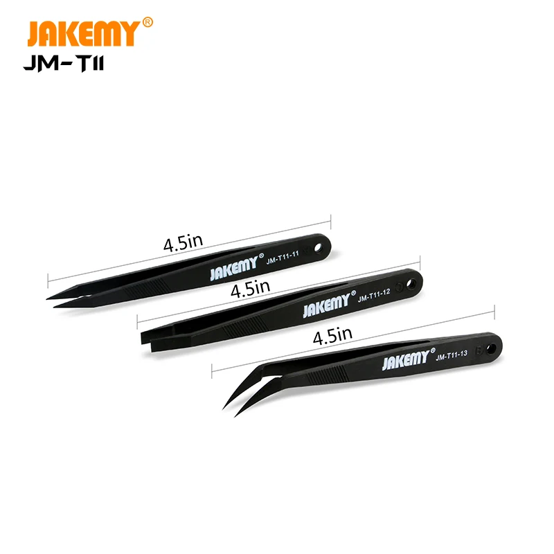 

JAKEMY JM-T11 3in1 Anti-static Tweezers Kit Heat Resistant Flat Pointed Curved Tweezers Set for iPhone Samsung Laptop PCB Repair