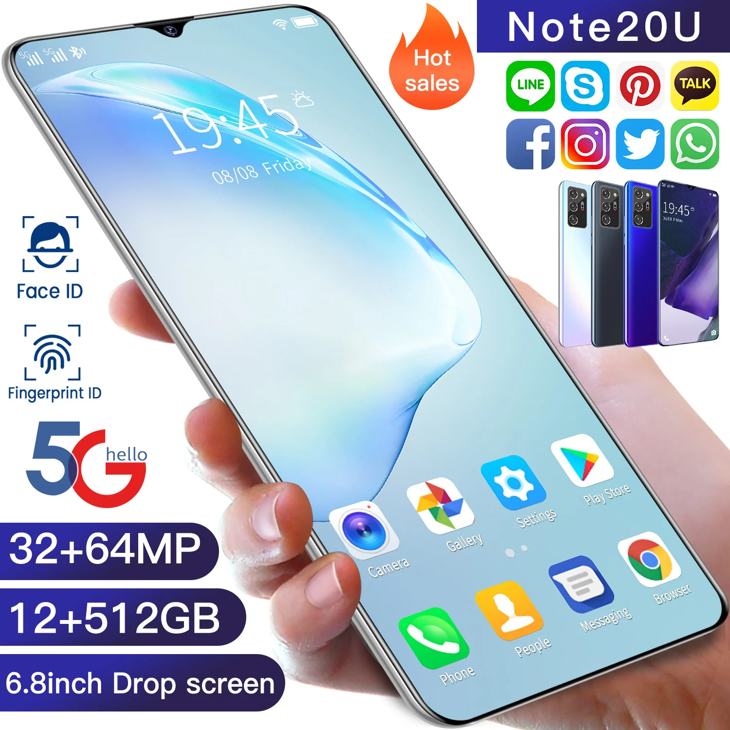

Galxy Note20U 6.8 Inch Drop Screen Face Fingerprint ID Smart Phone 128/256GB Andriod 10 Dual SIM 5000mAh Mobile Phone MTK6598