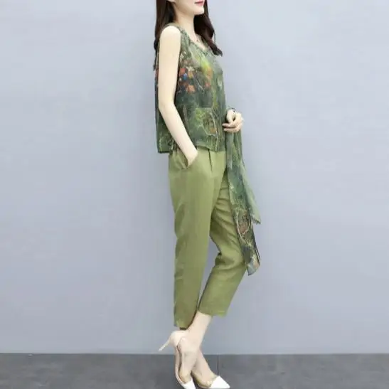 2020 Летний зеленый комплект из 3 предметов с принтом женский жилет плюс размера +
