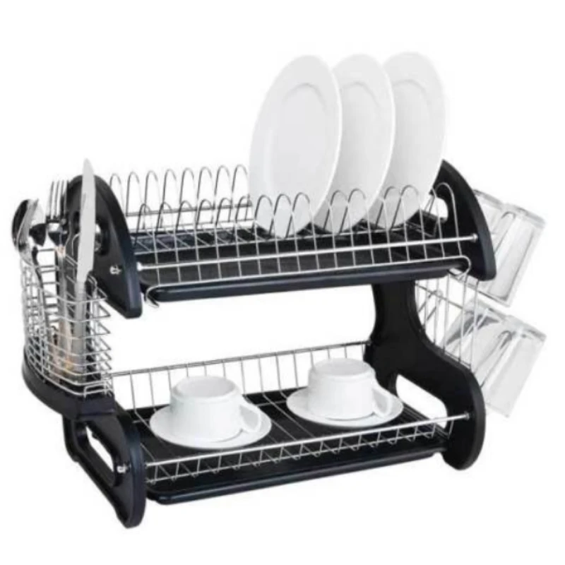 

2-Layers Bowls Dishes Chopsticks Spoons Collection Shelf Drainer Multifunction Kitchen Storage Rack Black Plastic Edge[US-Stock]
