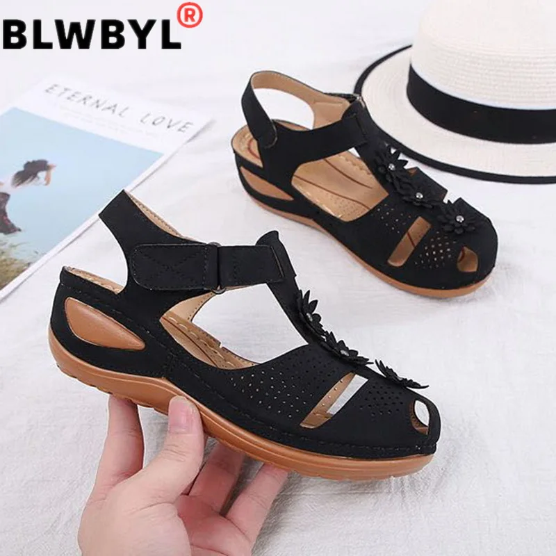 

NAUSK 2020 Women's Wedge Sandals Flower Shoes Peep Toe Bohemia Ankle Strap Hollow Round Toe Casual Outdoor Slip On Shoes