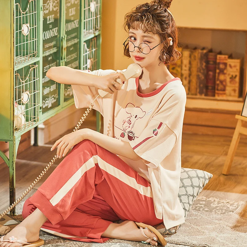 

2pcs/set Women' cotton pajamas Pants + short T-shirt cartoon home service female summer sleepwear sleep tops night gown 2020 new