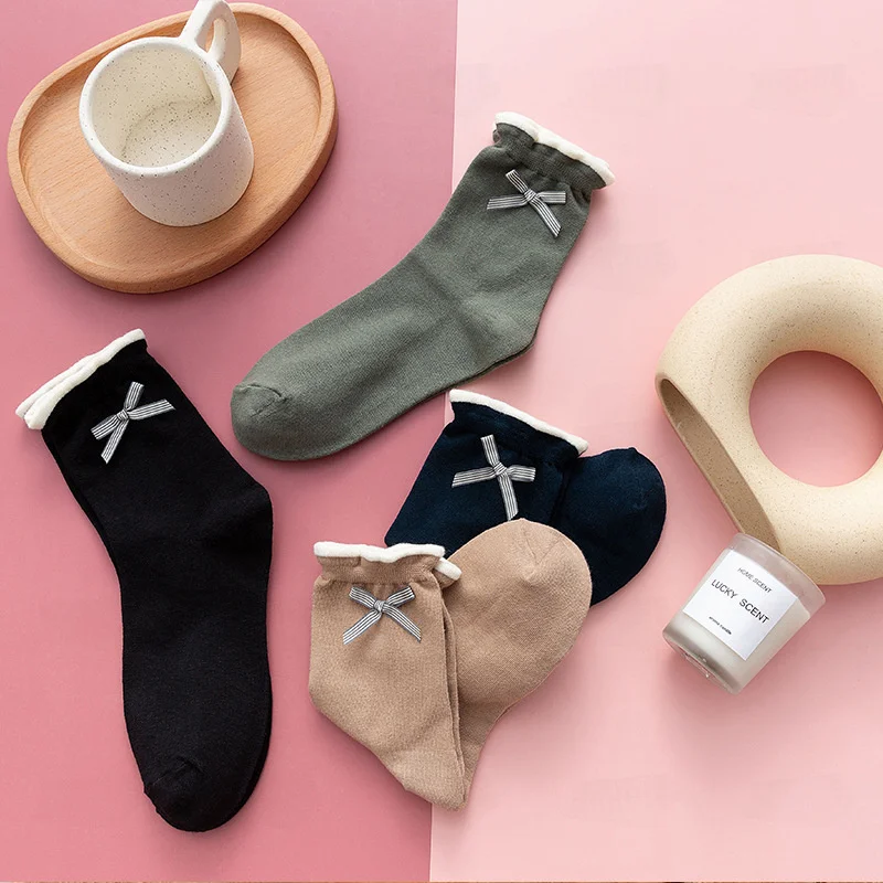

Street Style Fashion Trendy Harajuku Women's Socks Cute Sweet Bow Beautiful Cotton Girls Solid Color Socks Comfortable Socks