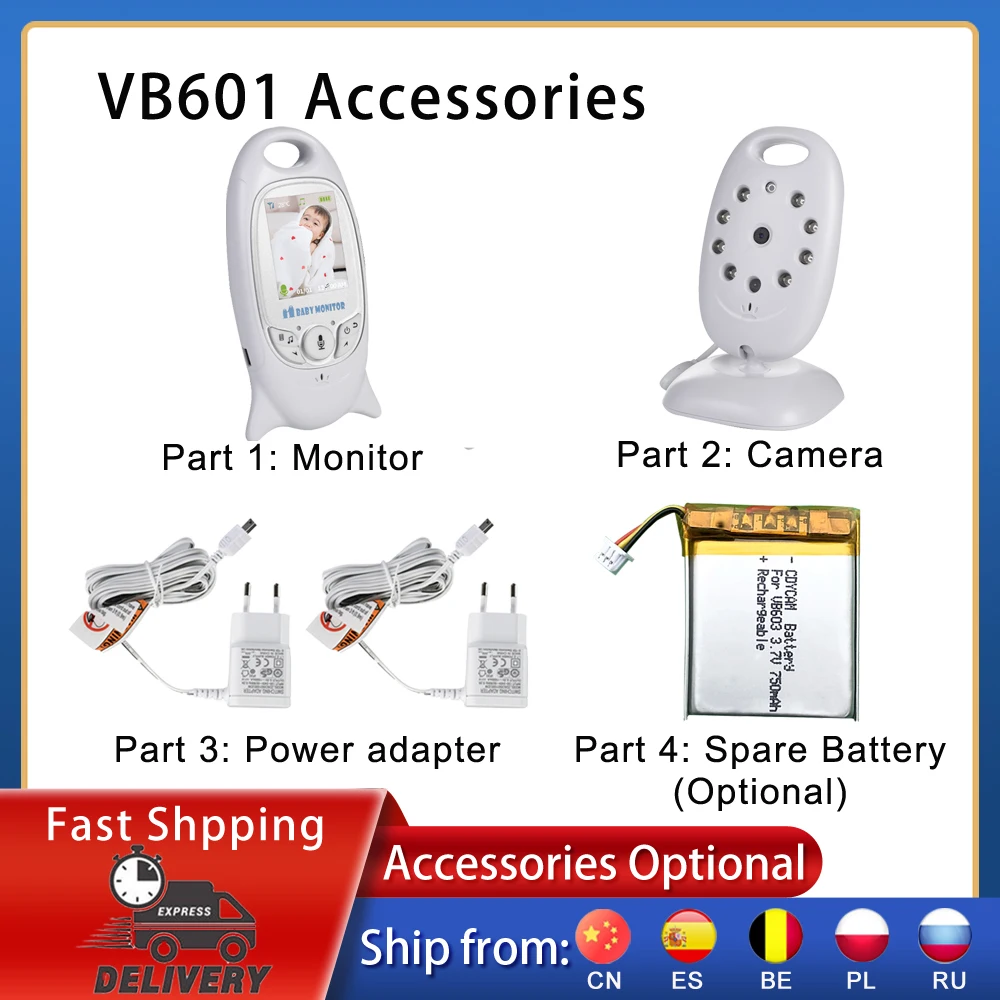 

VB601 Baby Monitor Accessories:2.0 Inch LCD Screen Baby Monitor Baby Camera Spare Battery Power Adapter Wireless 2.4Ghz Nanny