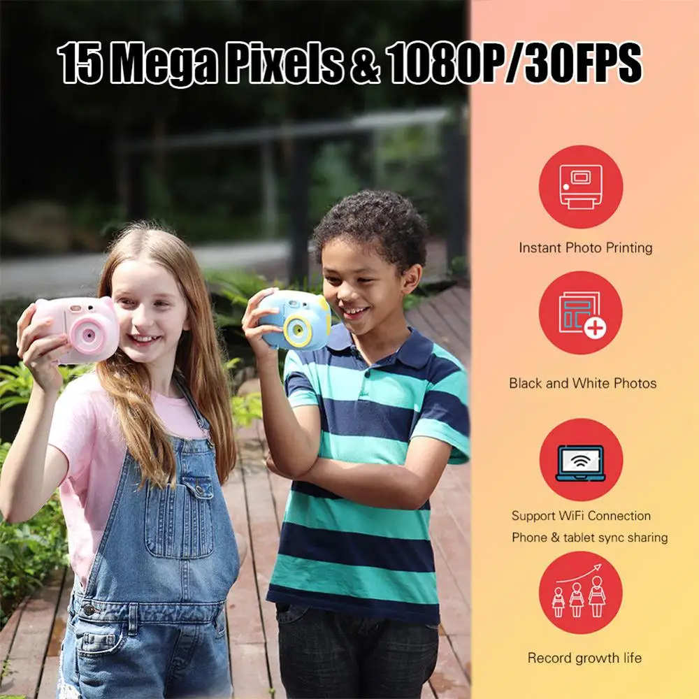 1080P мультфильм дети камера фото мгновенная печать 15MP WiFi цифровая Дети видео