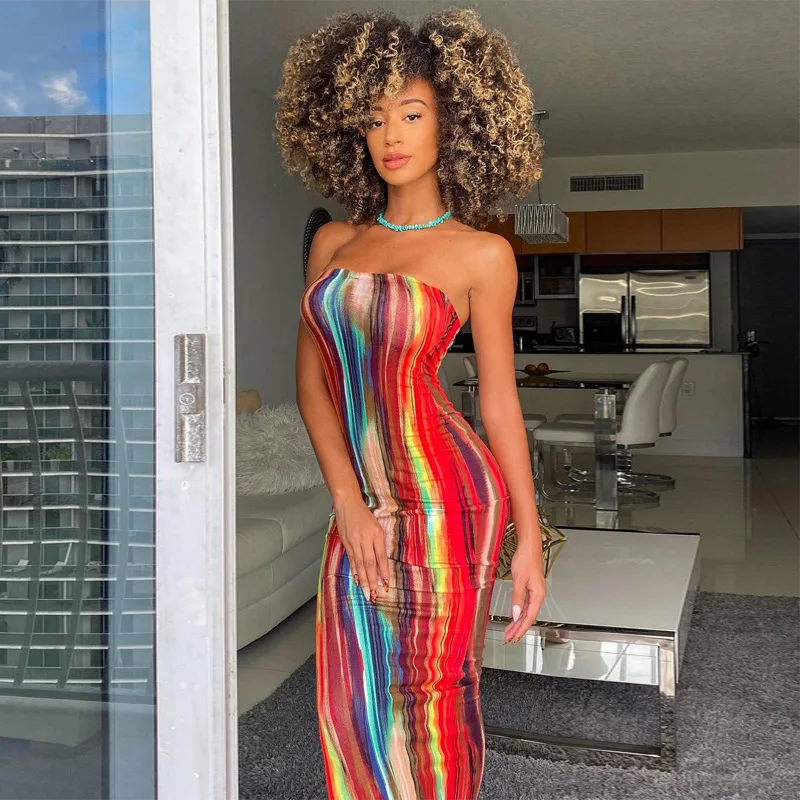 

2021 Women's Dress Sleeveless Long Skirt Slash Neck Tye Die Style Skinny Maxi Dress Summer Women Sexy Casual Outfits OIMG Hot