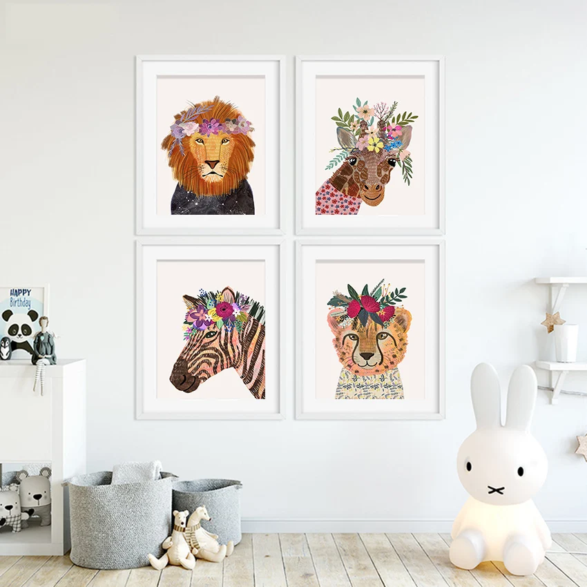 Цветочные постеры с животными и принтами для детской комнаты подвесная
