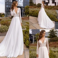 moonlightshadow sexy beach wedding dresses a line v neck full sleeves backless appliques illusion bridal gown vestito da sposa